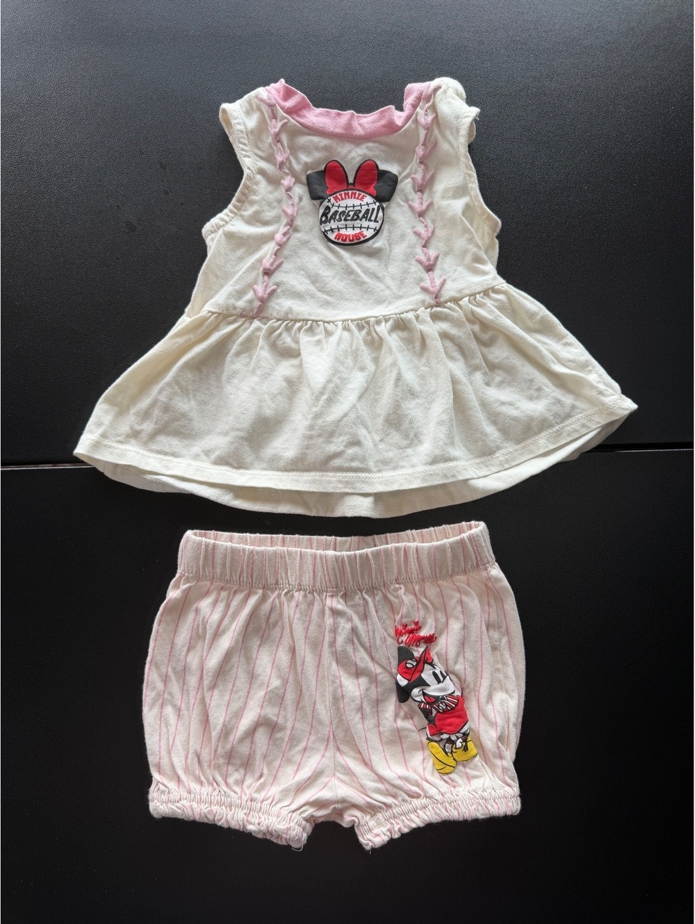 Disney BoxLunch Minnie Mouse Baseball Baby Girl Outfit 2 Piece 6 Months